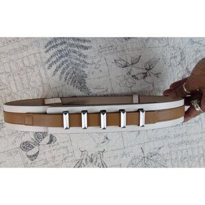 New $129 BCBG MaxAzria Adjustable Waist leather Belt Brown White Matte silver M